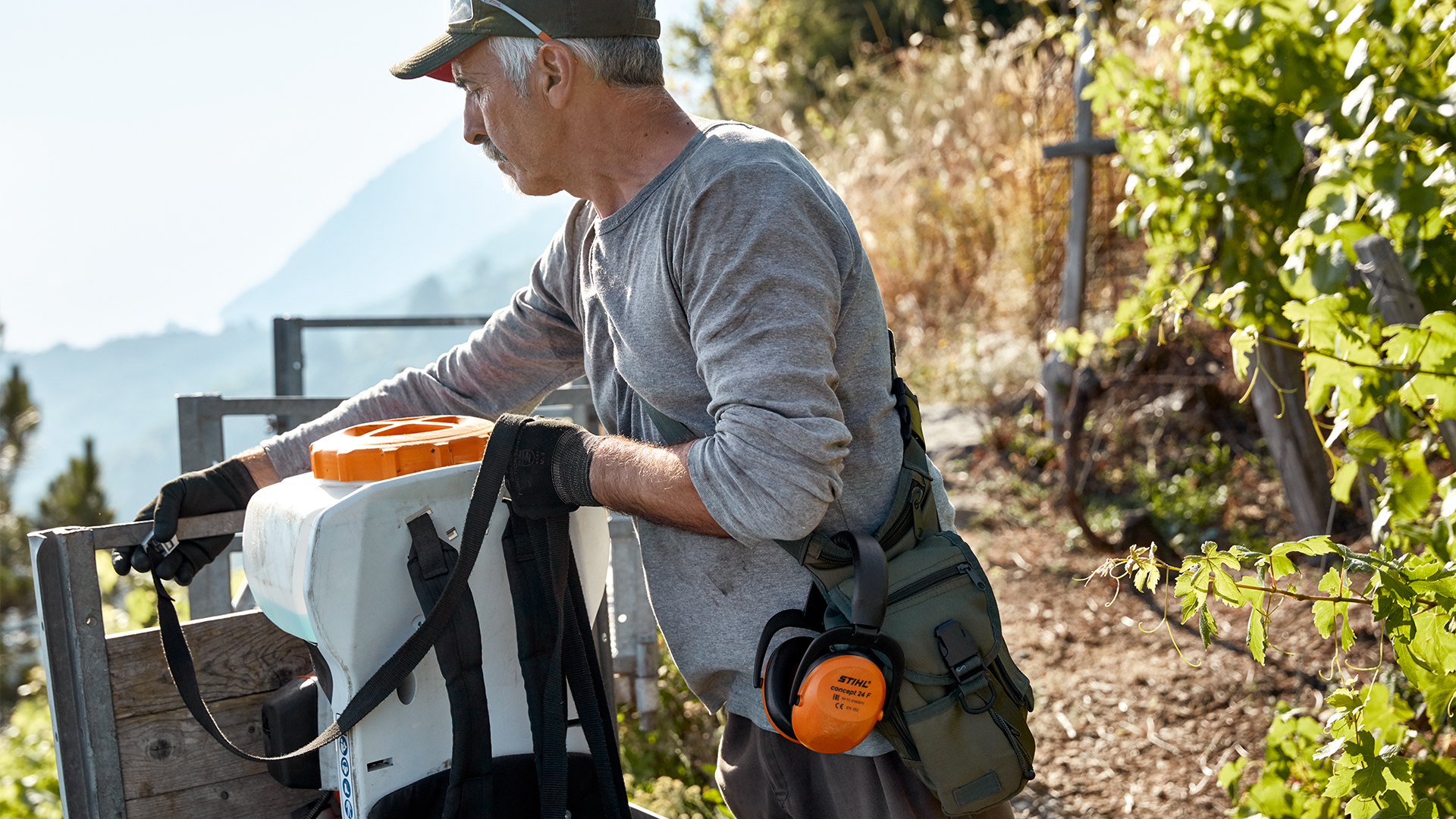 Mies purkaa STIHL SR 200 -bensiiniruiskun ja tarvikkeet viinitarhalta