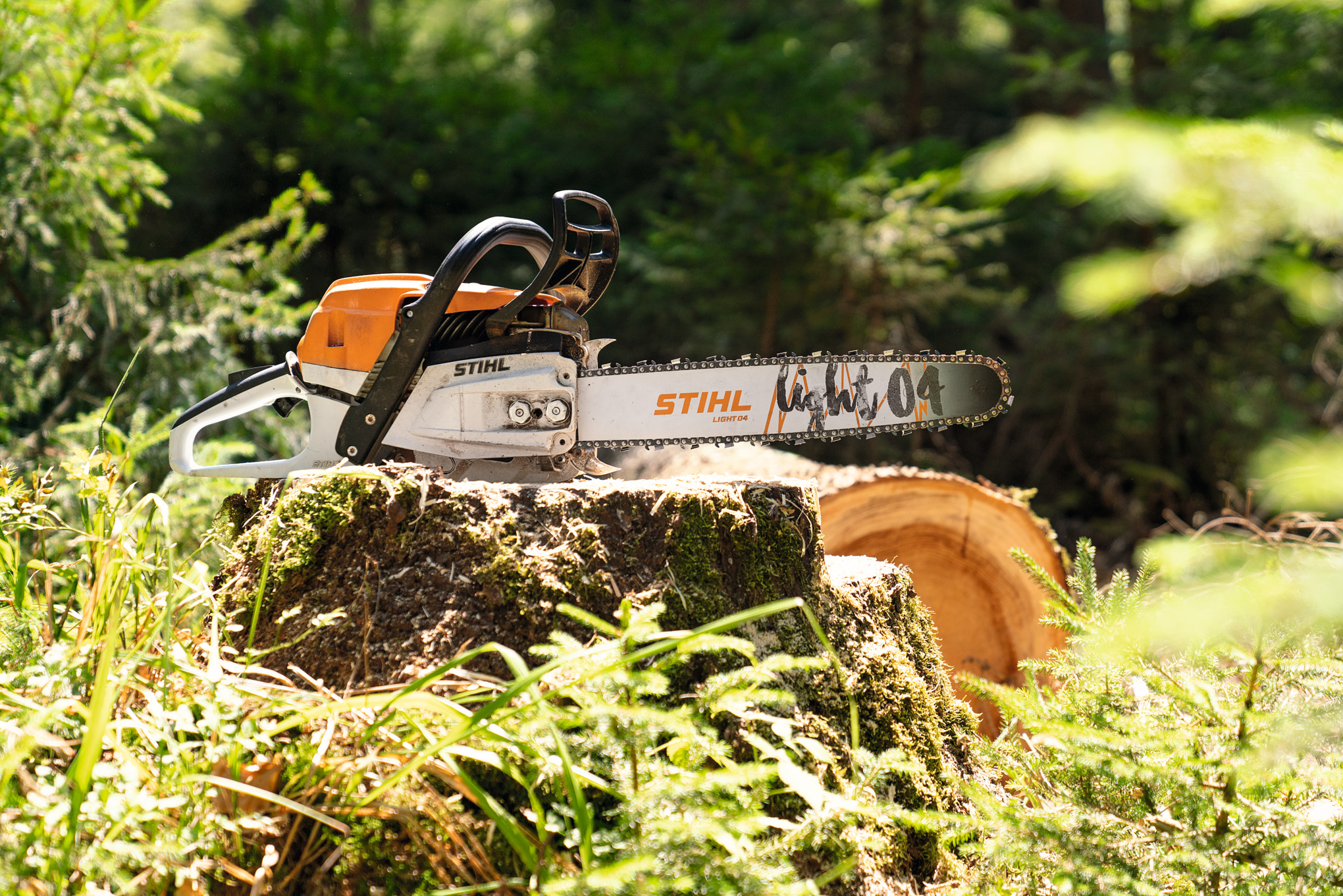 Bensiinikäyttöinen STIHL MS 261 C-M -moottorisaha metsässä puunkannassa