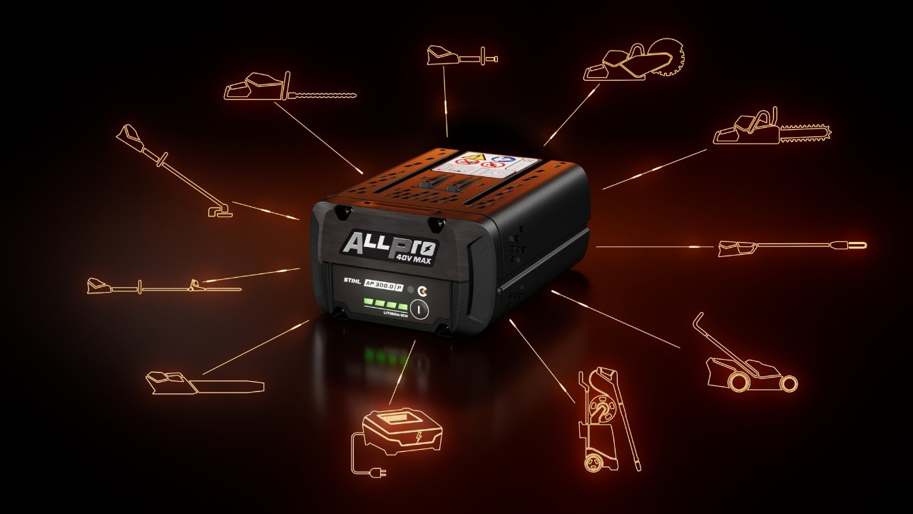STIHL ALLPRO AP 300.0 PC -akku, jossa on erilaisia ​​tuotekategorioiden symboleja yhteensopivuuden osoittamiseksi